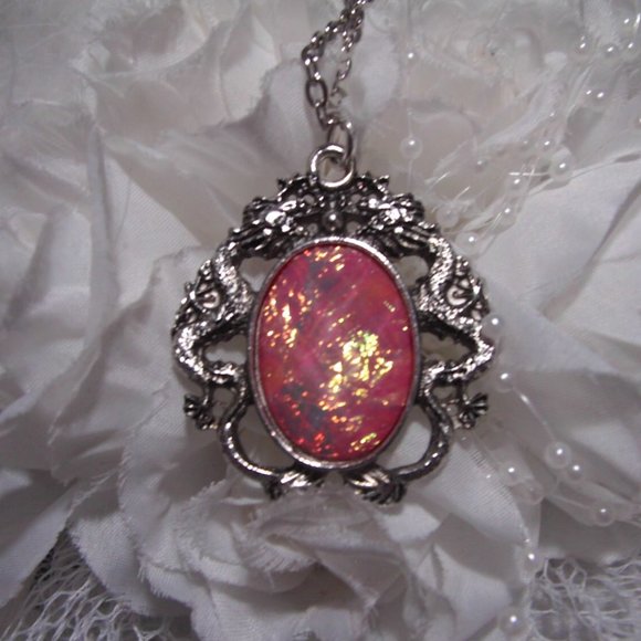 PINK RAINBOW OPAL Dragon setting Necklace Cameo - Picture 4 of 4